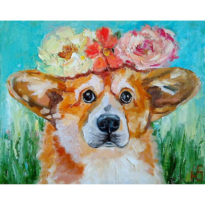 Dog Original Painting, Corgi Dog Art, Funny Pet Portrait, Animalistic Wall Art - โปสเตอร์ - วัสดุอื่นๆ หลากหลายสี
