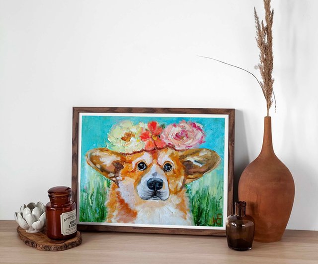犬のオリジナルの絵画、コーギー犬のアート、面白いペットの 犬のオリジナルの絵画、コーギー犬のアート、面白いペットの
