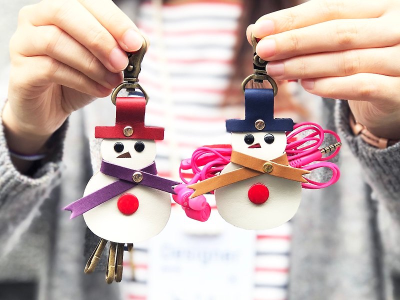Snowman key ring winder sewn leather material bag lucky draw gift Italy Christmas - Leather Goods - Genuine Leather White