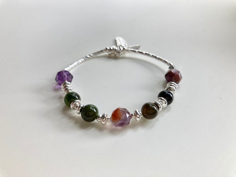 Amethyst and X Green Tourmaline Advanced Mysterious Bracelet with Feather Pendant - สร้อยข้อมือ - คริสตัล 