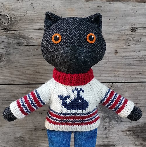 TweedyLand Black cat boy, handmade plush stuffed doll, kitten wool soft toy
