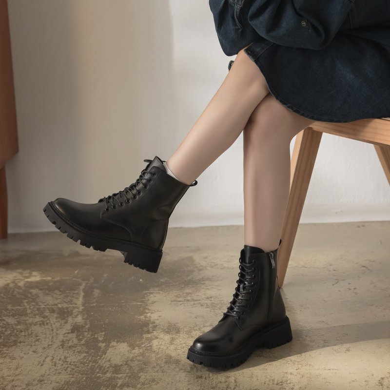 [I called Love] Bremen Correspondent | Thick-soled mid-calf military boots with straps - Women's Booties - Faux Leather Black