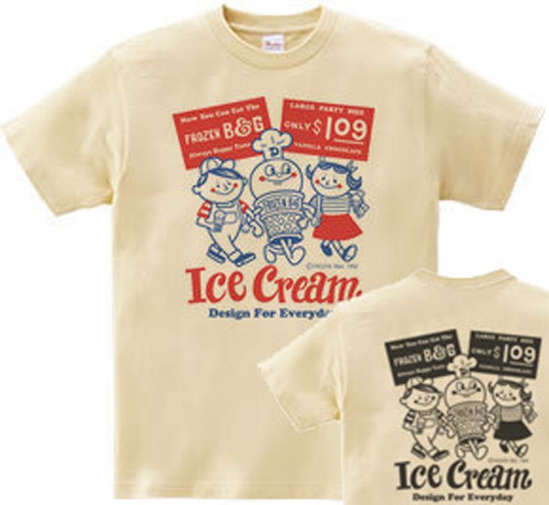 Ice Cream Boy and Girl American Retro Double-Sided WM-WL•S-XL T-Shirt [Made to Order] - เสื้อฮู้ด - ผ้าฝ้าย/ผ้าลินิน สีกากี