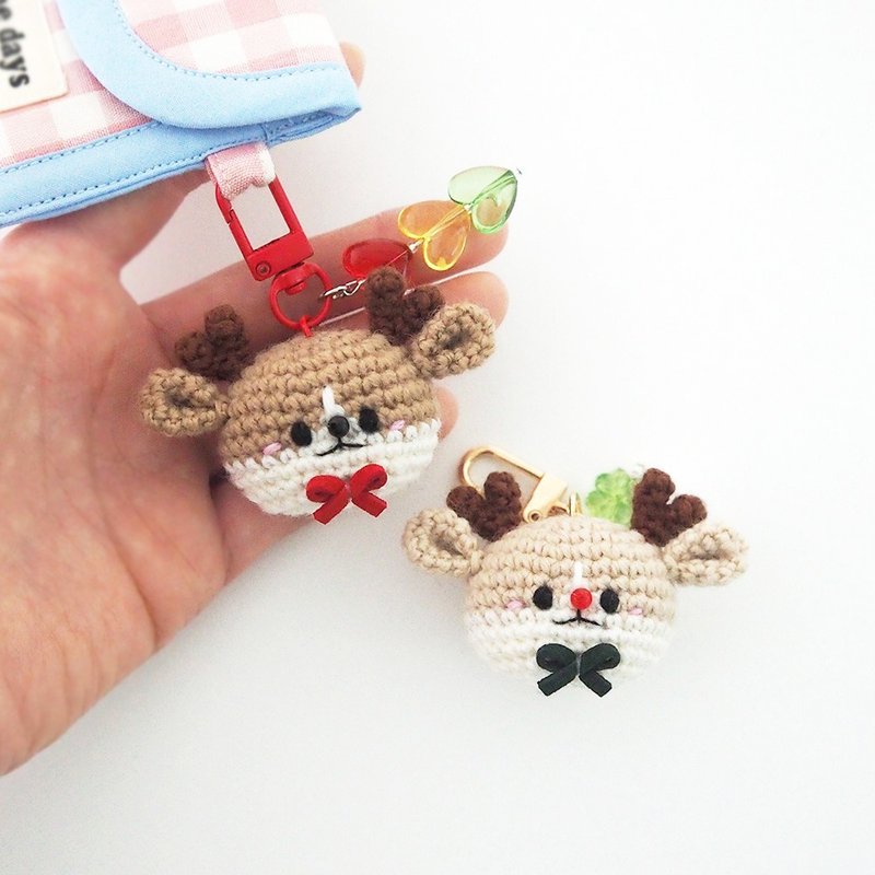 Crocheted Deer Rudolph Christmas Doll Charm Keyring Keychain Phone Strap - ที่ห้อยกุญแจ - งานปัก สีนำ้ตาล