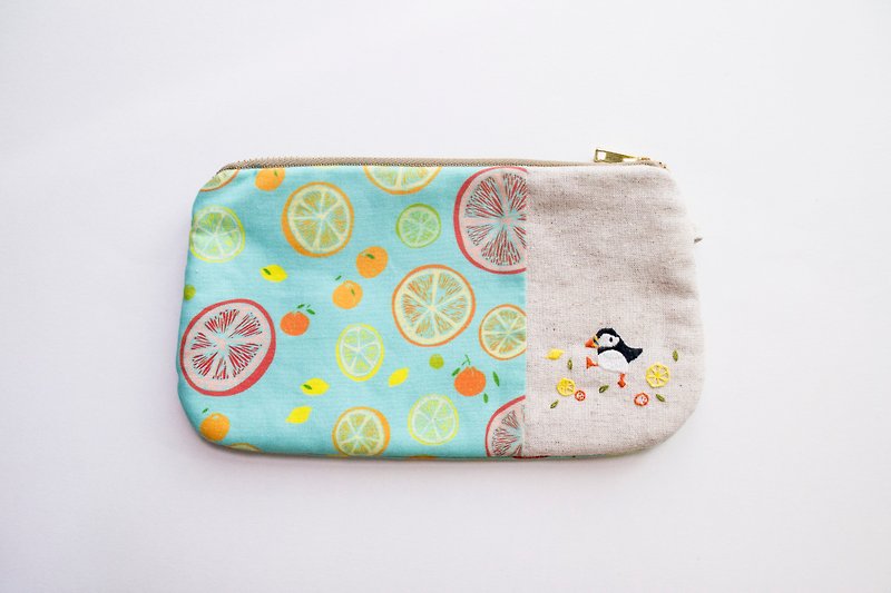 海雀 Puffin Embroidered Zip Pouch- Citrus Summer Print - Toiletry Bags & Pouches - Cotton & Hemp Multicolor