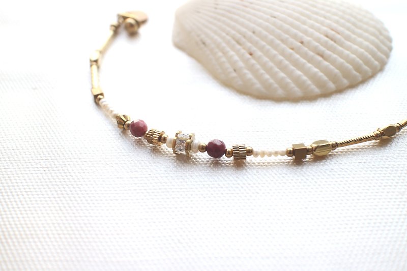 Rhodochrosite  pearl zircon brass handmade bracelet - Bracelets - Other Metals 