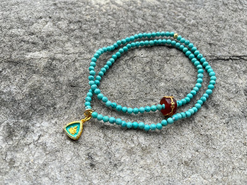 3mm天然ターコイズ エナメル彩黄財神チャームデザインネックレス 多連ブレスレット 数珠s - ブレスレット - 宝石 ブルー