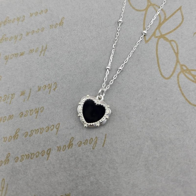 Light jewelry-black mirror baroque style love heart 925 sterling silver necklace - สร้อยคอ - โลหะ สีเงิน