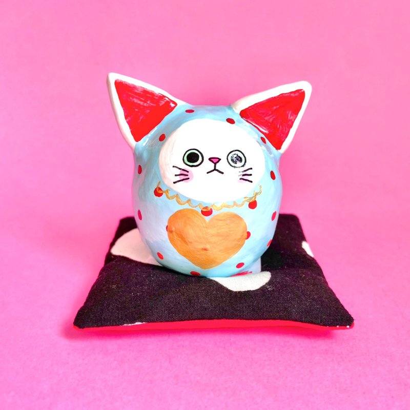 Cat and cat daruma [large] light blue dots - Items for Display - Clay Blue