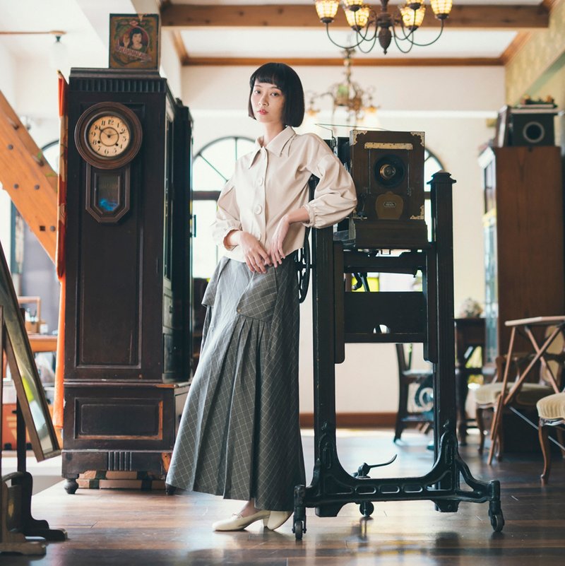 [Classic original] Night_Miye pleated long skirt_CLB503_木木格 - Skirts - Cotton & Hemp Khaki