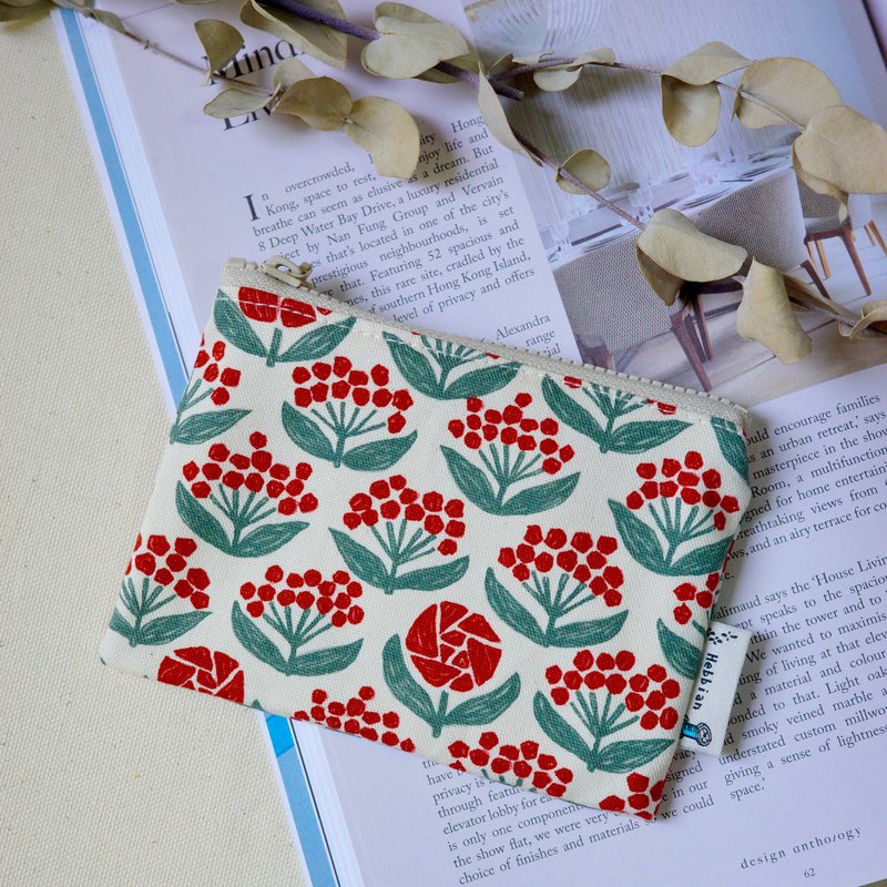 Afternoon small flower red - coin purse change cloth bag zipper bag | Haibo Handmade - กระเป๋าใส่เหรียญ - ผ้าฝ้าย/ผ้าลินิน 