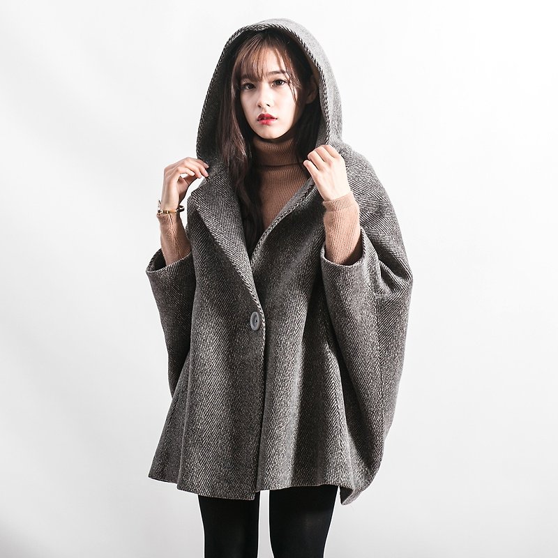 Anne Chan coat tide 2016 winter new Korean loose large size casual cape-style woolen coat - เสื้อแจ็คเก็ต - ผ้าฝ้าย/ผ้าลินิน สีเทา