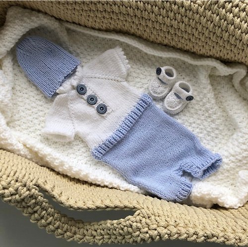 V.I.Angel Blue and white hand knit clothing set for baby boy: overall, hat, shoes.