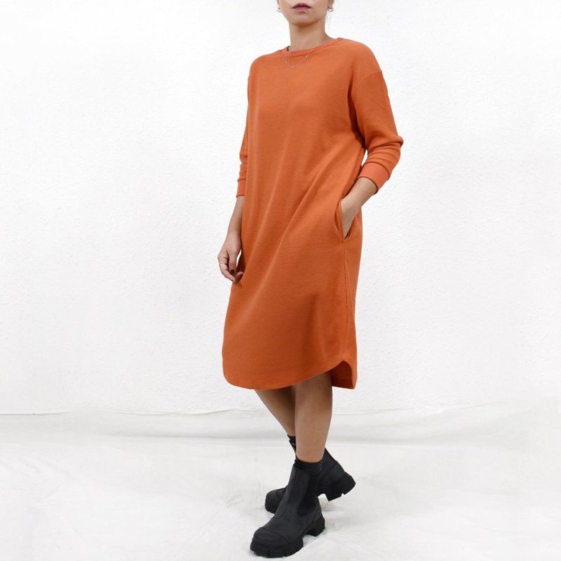 WAFFLE DRESS 深橘色 窩夫格針織 高端休閒 連衣裙 - 洋裝/連身裙 - 棉．麻 橘色