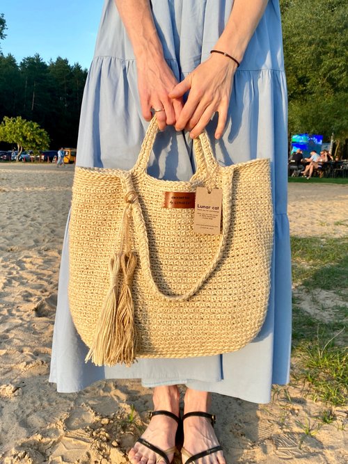 LunarCat Crochet Jute Bag, Crochet Tote Bag, Crochet Shoulder Jute Bag, Reusable Bag