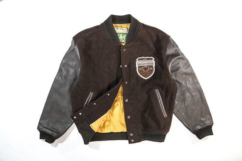 [3thclub Ming Ren Tang] retro leather sleeve baseball jacket wool vintage BSE-006 Japan - เสื้อโค้ทผู้ชาย - ผ้าฝ้าย/ผ้าลินิน สีนำ้ตาล