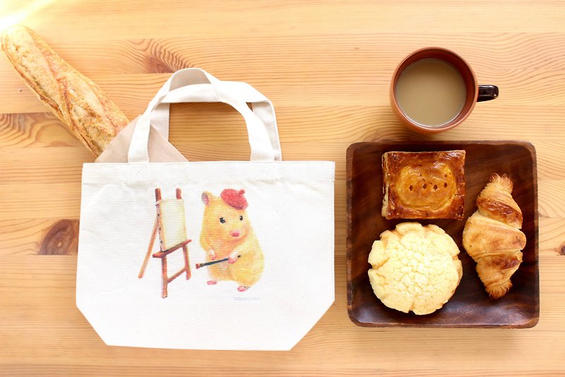 Kinkuma Hamster Artist Mochi Canvas Tote Bag S - กระเป๋าถือ - ผ้าฝ้าย/ผ้าลินิน ขาว