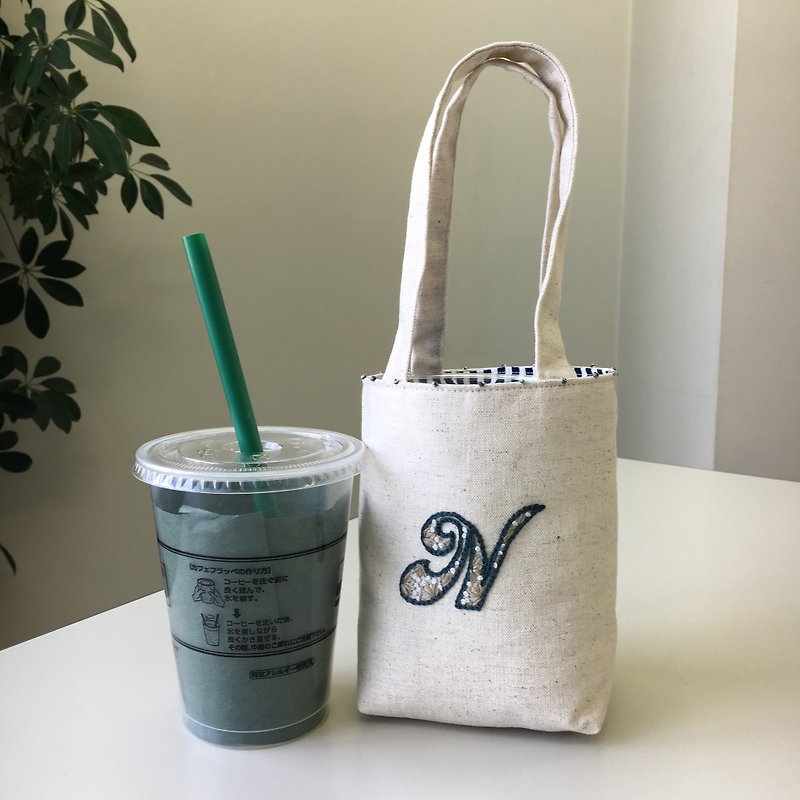 Cafe Bag Initial N Minitoto - กระเป๋าถือ - ผ้าฝ้าย/ผ้าลินิน ขาว