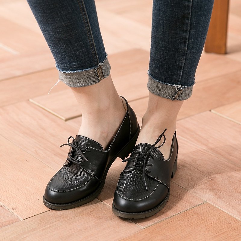 Maffeo 牛津鞋 復古壓紋綁帶美國進口牛皮粗跟牛津鞋(3460黑色) - 女款牛津鞋 - 真皮 黑色