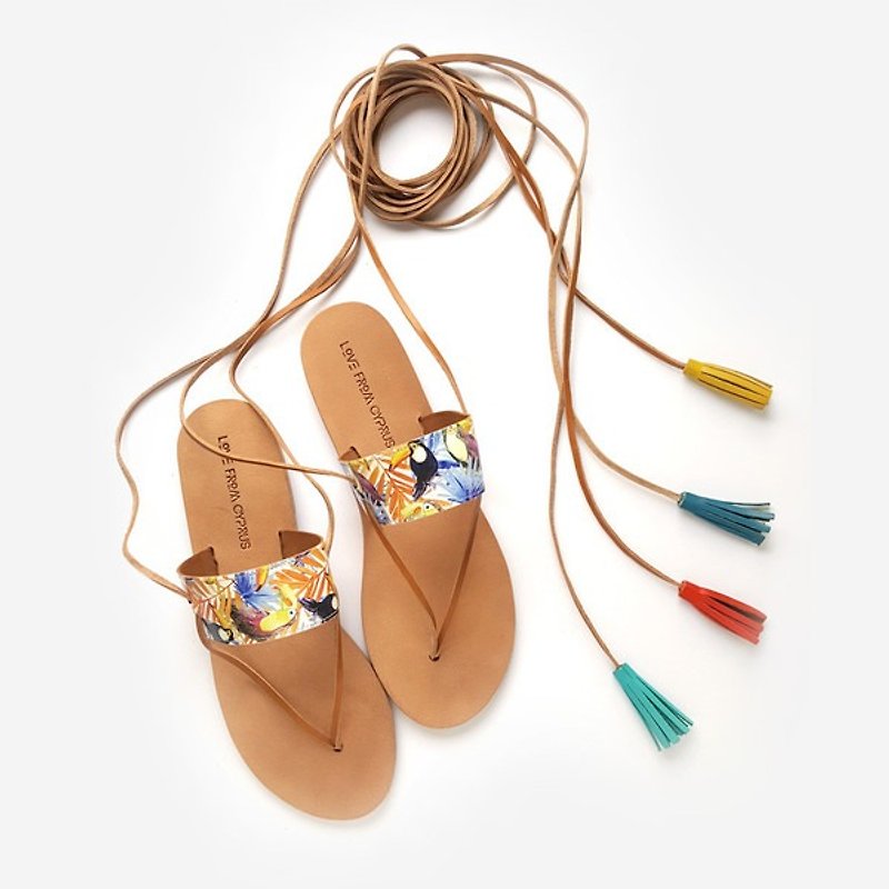 {Love from Cyprus} Summer Limited series Rainforest toucan print leather sandals - Sandals - Genuine Leather 