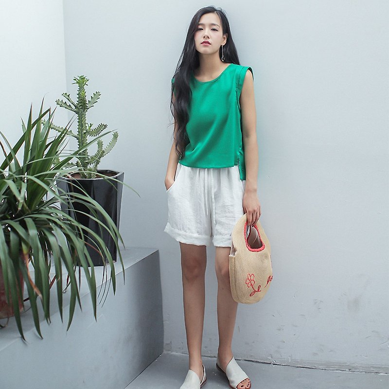 Annie Chen original design green enamel before summer 2016 new female models solid literary short after long vest jacket - เสื้อผู้หญิง - ผ้าฝ้าย/ผ้าลินิน สีเขียว