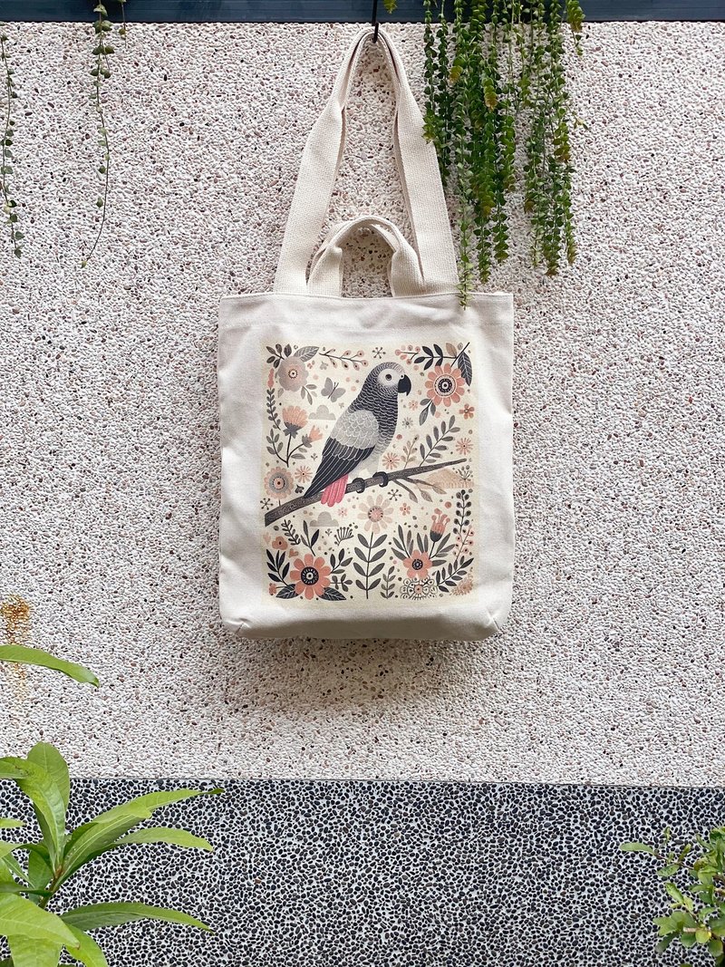 Canvas Bag/Garden Gray Parrot - กระเป๋าแมสเซนเจอร์ - ผ้าฝ้าย/ผ้าลินิน ขาว