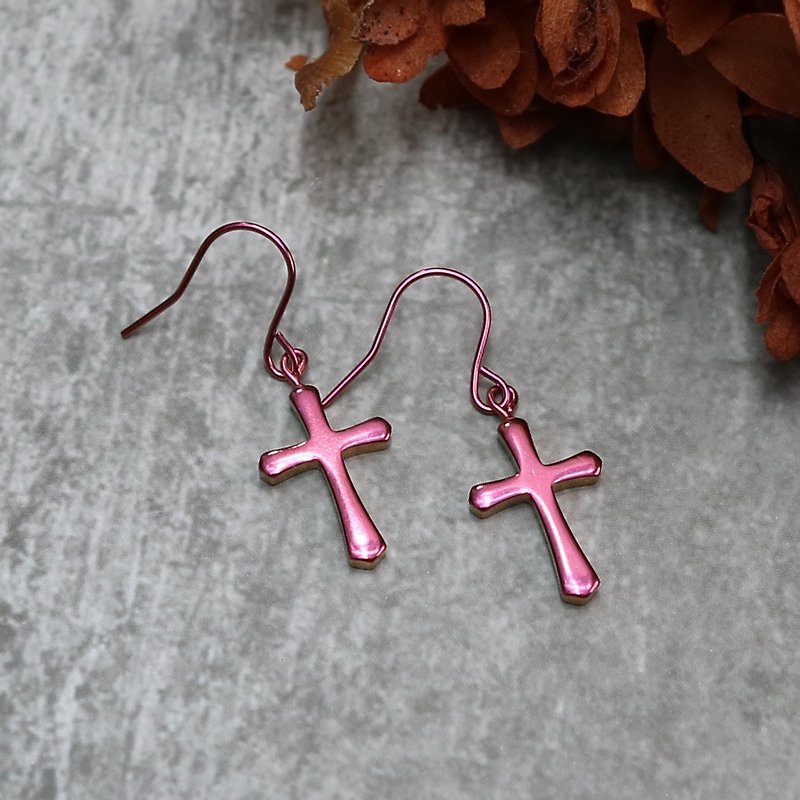 [Made in Japan Horie] Titanium Love Jewelry Series-Pure Titanium Ear Hook Cross Earrings-Pink - ต่างหู - โลหะ สึชมพู