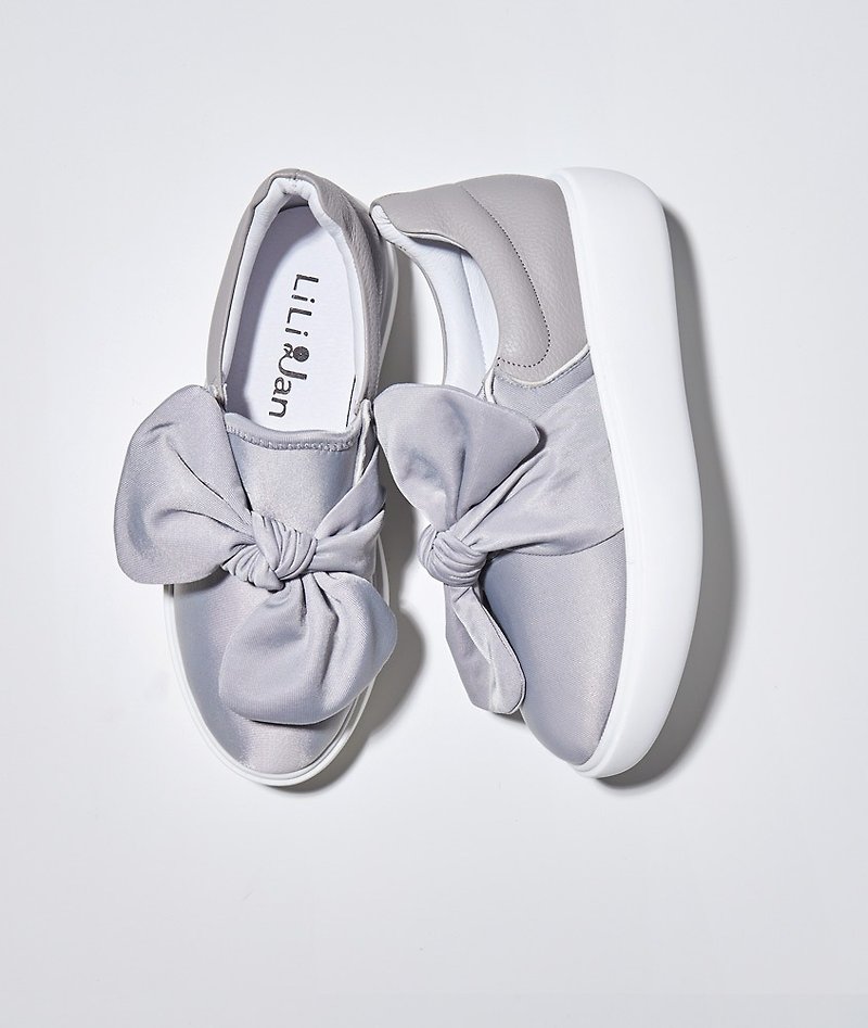 [Flying Mary] big bow leather platform casual shoes_Cinderella (only 23.5) - รองเท้าวิ่งผู้หญิง - หนังแท้ สีเทา