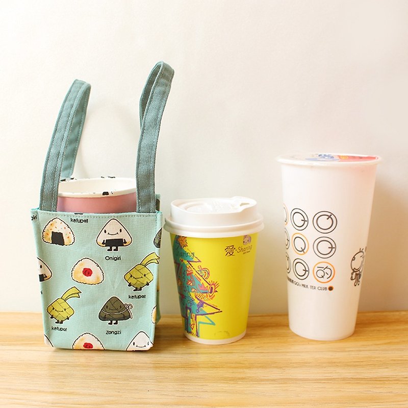飯糰-綠底圖案飲料提袋(一般款) 環保杯袋 咖啡杯袋 - 飲料提袋/杯袋/杯套 - 棉．麻 綠色
