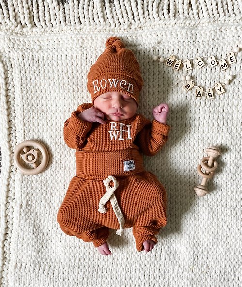 OwlOnBoard Custom embroidery Newborn baby coming home outfit baby name gift set Rust Orange