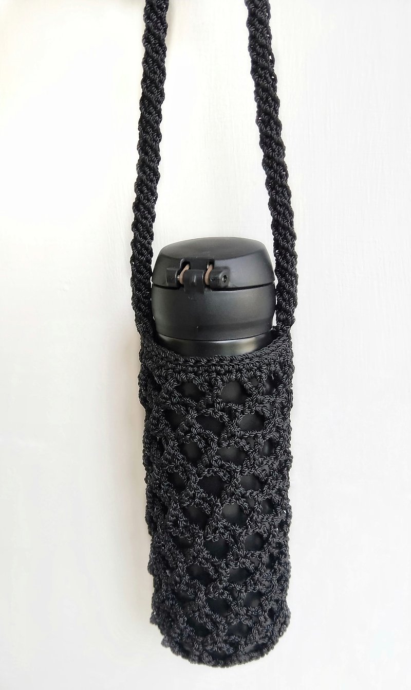 【好日手作】特殊線編織 手作水壺提袋(黑) - 飲料提袋/杯袋/杯套 - 其他材質 黑色