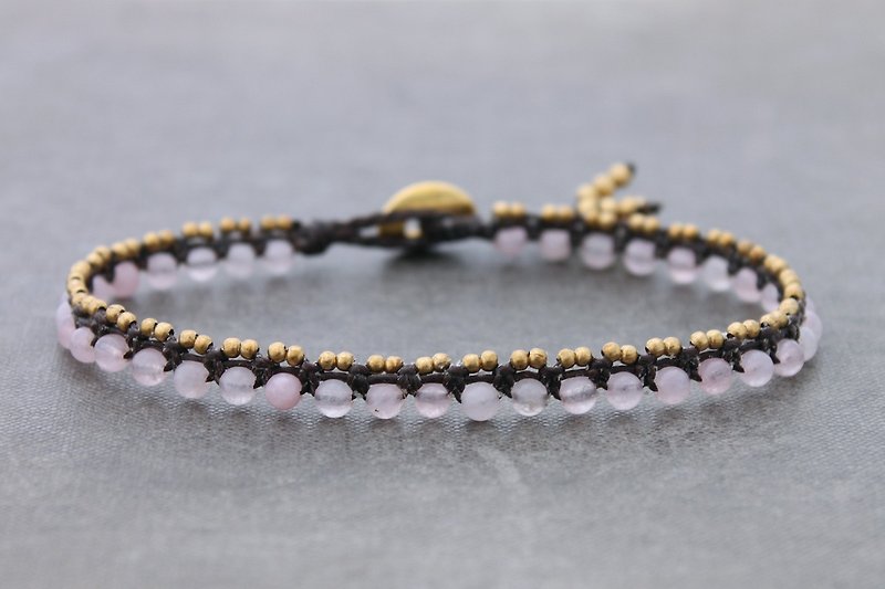 Beaded Anklet Rose Quartz Pink Stone Woven Brass Ankle Bracelet Petite - กำไลข้อเท้า - ผ้าฝ้าย/ผ้าลินิน สึชมพู