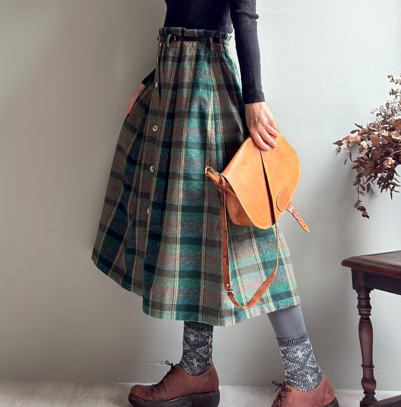 Green Elf/green Scottish plaid wool open button high waist mid-length skirt/fold skirt/belt not included - กระโปรง - ขนแกะ 