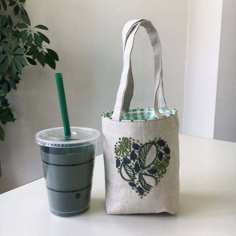 Cafe bag Heart leaves - กระเป๋าถือ - ผ้าฝ้าย/ผ้าลินิน ขาว