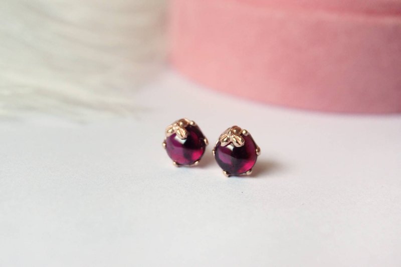 真正的石榴石耳環，紅，凸圓形切割，925銀，鍍玫瑰金 - 耳環/耳夾 - 純銀 紅色