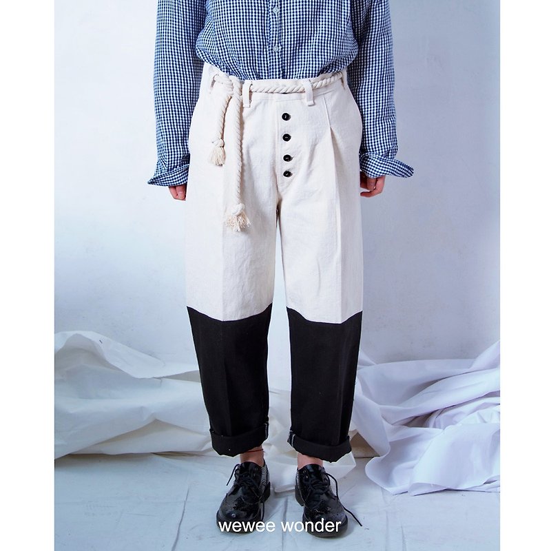 Off-white herringbone pattern cotton canvas casual pants black and white stitching unisex size can be customized - กางเกงขายาว - ผ้าฝ้าย/ผ้าลินิน 