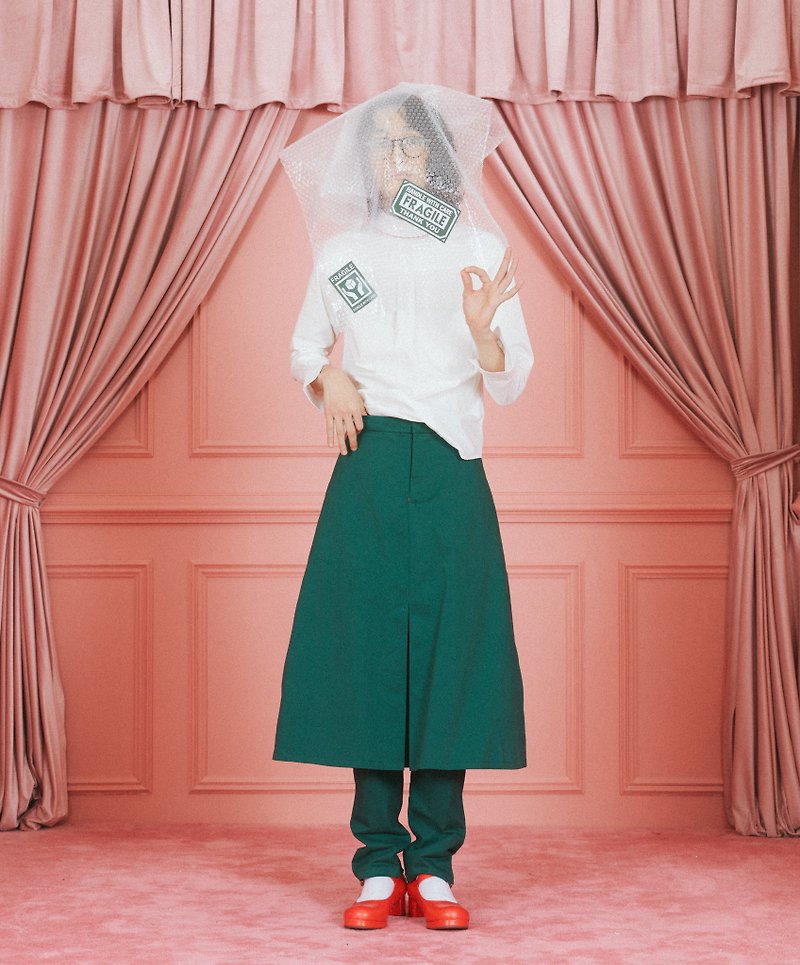 a-line pleat skirt with pants (unisex) - กางเกงขายาว - ผ้าฝ้าย/ผ้าลินิน สีเขียว