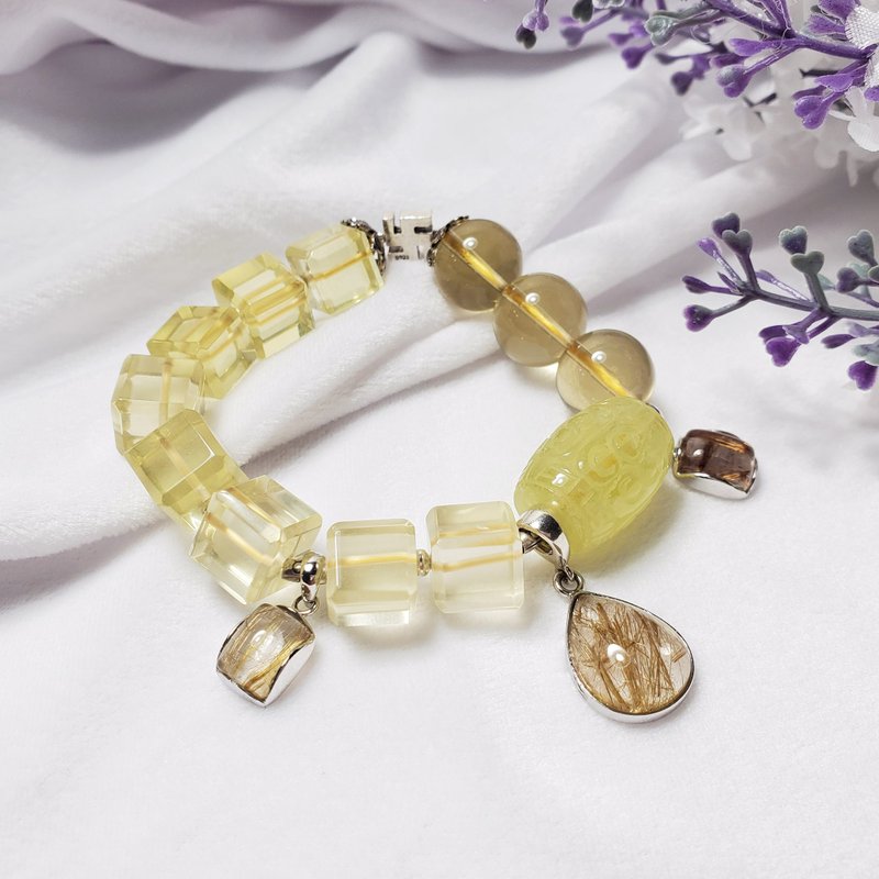 頂級黃水晶 金綠柱石 鈦晶 財石 招財 招財 收藏 手鍊 單品 禮物 - 手鍊/手環 - 寶石 黃色