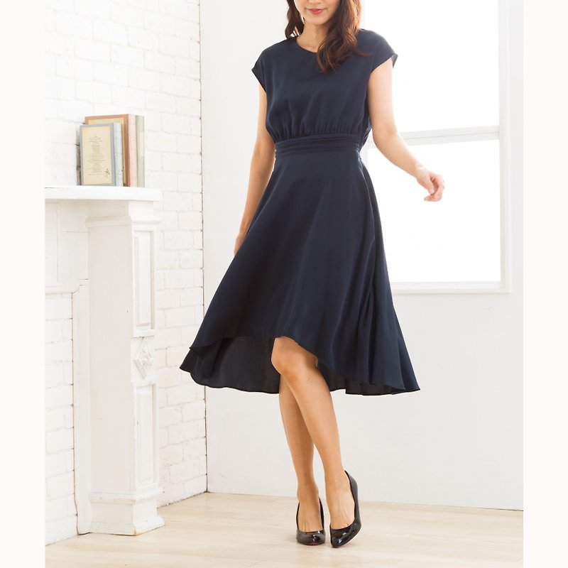 環保材質 洋裝/連身裙 藍色 - 【日本製造 100% 原創設計】深藍色 不對稱版型喇叭連衣裙