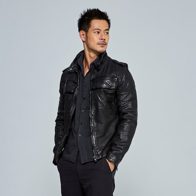 [Germany GIPSY] G2MBrennon SF Artist Shirt Collar Long Leather Jacket | Black - เสื้อโค้ทผู้ชาย - หนังแท้ สีดำ