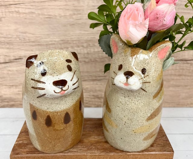 ルー猫の陶器の花瓶/飾り/ペン立て/ギフト 手描き これだけの