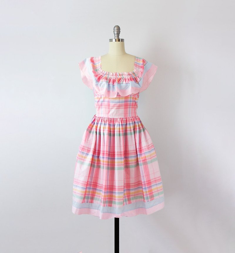 。ms。Vintage Pastel Pink Plaid Midi Sundress - ชุดเดรส - ผ้าฝ้าย/ผ้าลินิน สึชมพู