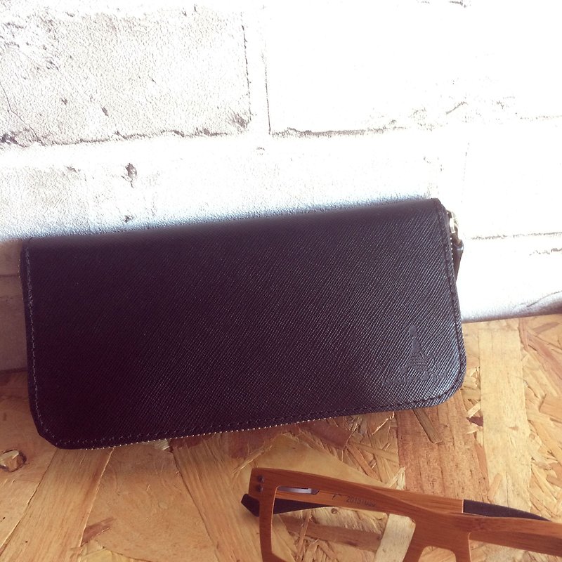 "Naughty girl" long black folder, handmade leather, phone bag, clutch, purse - กระเป๋าสตางค์ - หนังแท้ สีดำ
