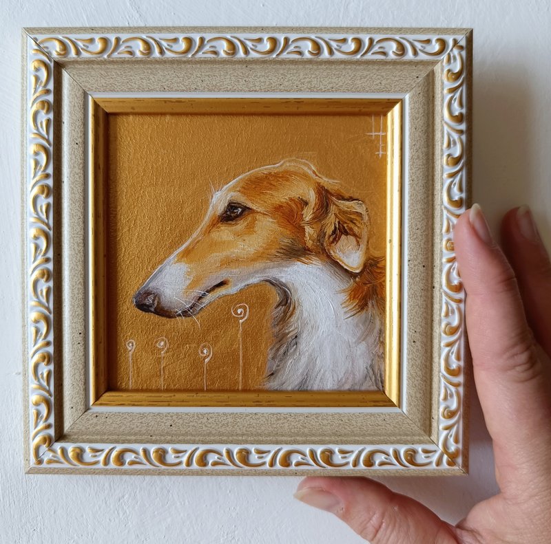 Borzoi small oil original painting Dog Art 10*10 cm - Wall Décor - Other Metals Gold