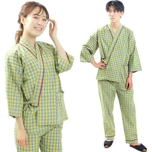 fuukakimono 日本 和服 格子 作務衣 日式 休閒 室內服 睡衣 男女通用 黄緑色