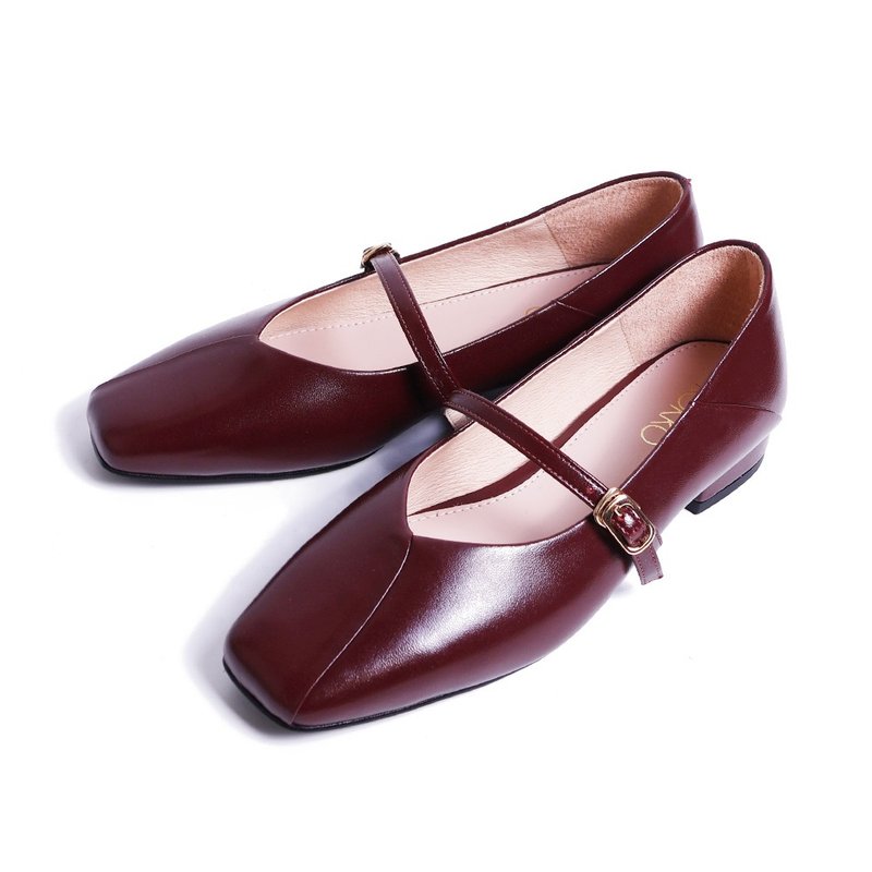 甜美溫柔拼接方頭瑪莉珍酒紅色 - 高跟鞋/跟鞋 - 真皮 紅色