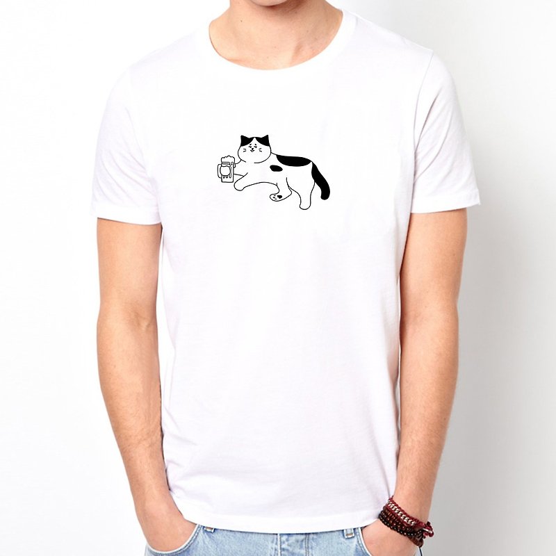 Beer Cat white t shirt - เสื้อยืดผู้ชาย - ผ้าฝ้าย/ผ้าลินิน ขาว