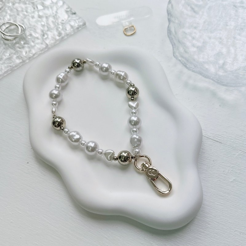 Fully handmade gold buckle pearl beaded wrist lanyard with transparent clip - Lanyards & Straps - Plastic White