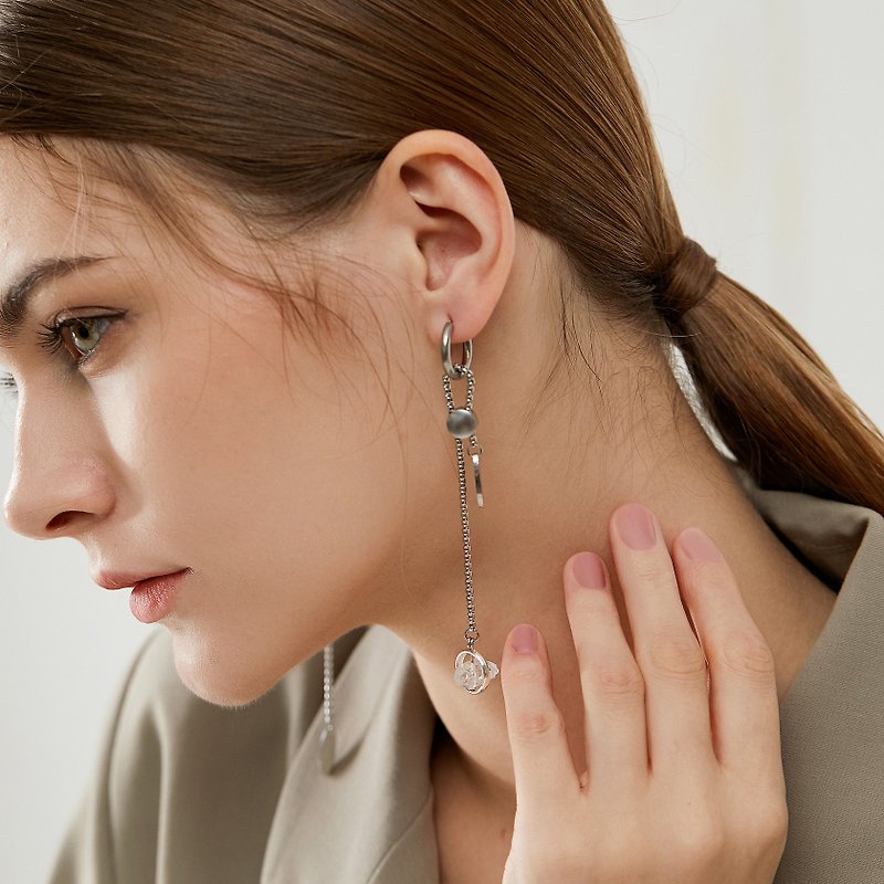 Aura 雙尖水晶滑輪可調式 耳環 項鍊 兩用款設計 - 耳環/耳夾 - 不鏽鋼 