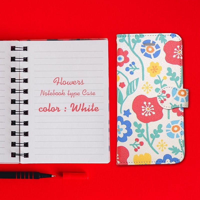 【Notebook type android phone case】Vivid Flowers - เคส/ซองมือถือ - วัสดุอื่นๆ ขาว